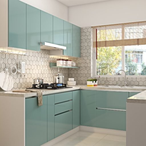 dual-colour-tone-kitchen-designed-in-1bhk-apartment-with-hexagonal-tiled-backsplash